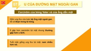 07 U CỦA ĐƯỜNG MẬT NGOÀI GAN
Carcinôm của bóng Vater và của ống dẫn mật
Gồm ung thư của toàn bộ ống mật ngoài gan,
kể cả đoạn trong tá tràng.
Ít gặp hơn carcinôm túi mật nhưng thường
gặp hơn u lành.
Tuổi mắc giống ung thư túi mật; nam nhiều
hơn nữ.
 