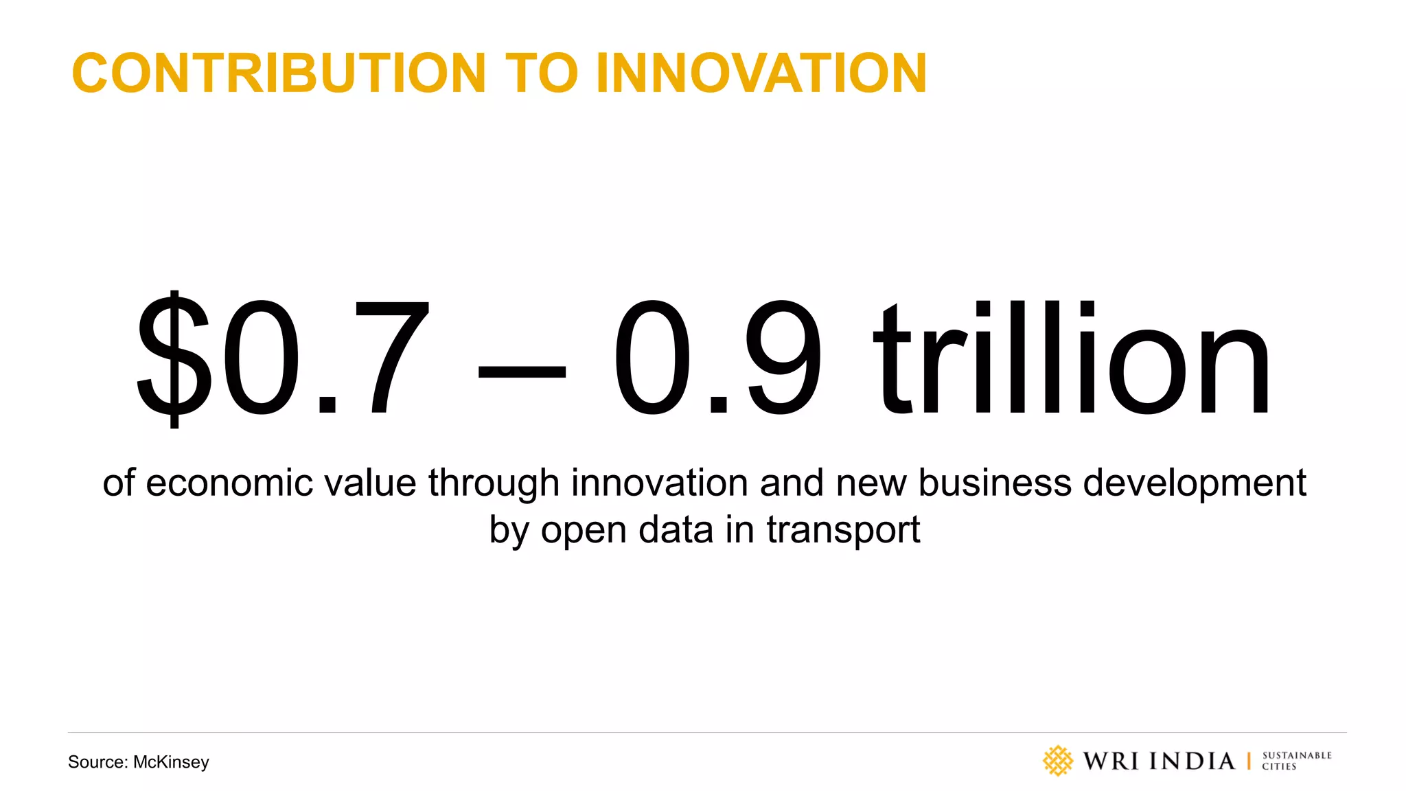 CONTRIBUTION TO INNOVATION
$0.7 – 0.9 trillion
of economic value through innovation and new business development
by open data in transport
Source: McKinsey