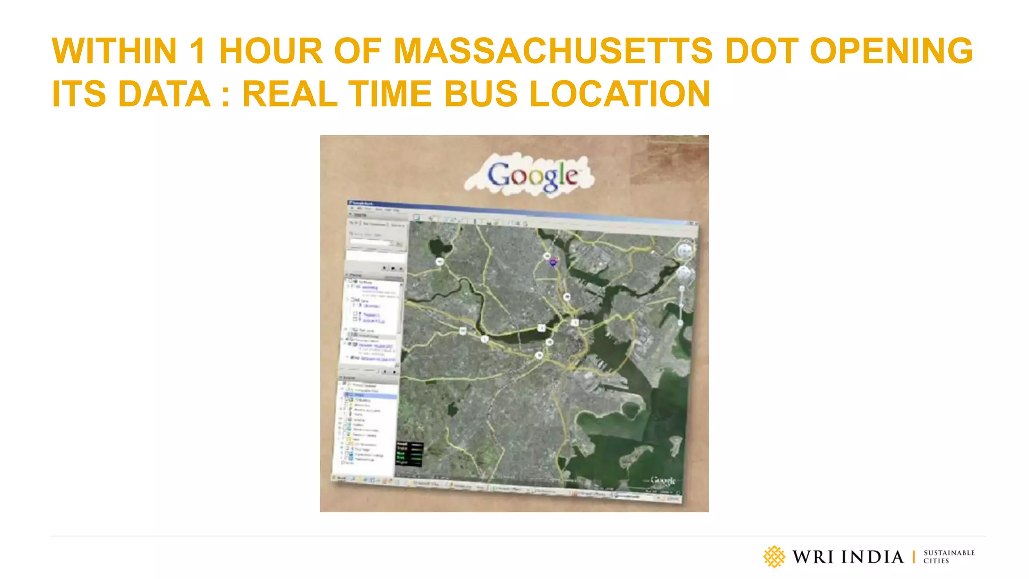 WITHIN 1 HOUR OF MASSACHUSETTS DOT OPENING
ITS DATA : REAL TIME BUS LOCATION