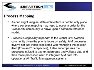 Process Mapping  As one might imagine, data architecture is not the only place where complex mapping may need to occur in order for the Global AIM community to arrive upon a common reference model. Process is especially important to the Global Civil Aviation community given the priority focus on safety. AIM processes involve not just those associated with managing the solution itself (from an IT perspective), it also encompasses the processes utilized to gather, aggregate and validate data and then those processes used to integrate AIM data into operational Air Traffic Management systems. Copyright 2008, Semantech Inc. – All Rights Reserved http://www.semantech-inc.com 