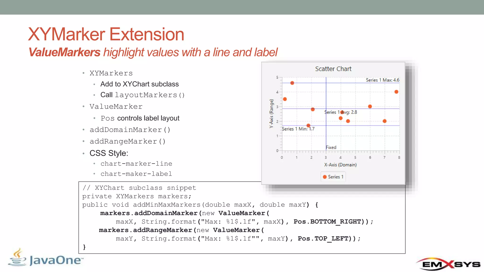 XYMarker Extension ValueMarkers highlight values with a line and label • XYMarkers • Add to XYChart subclass • Call layoutMarkers() • ValueMarker • Pos controls label layout • addDomainMarker() • addRangeMarker() • CSS Style: • chart-marker-line • chart-maker-label // XYChart subclass snippet private XYMarkers markers; public void addMinMaxMarkers(double maxX, double maxY) { markers.addDomainMarker(new ValueMarker( maxX, String.format("Max: %1$.1f", maxX), Pos.BOTTOM_RIGHT)); markers.addRangeMarker(new ValueMarker( maxY, String.format("Max: %1$.1f"", maxY), Pos.TOP_LEFT)); } 