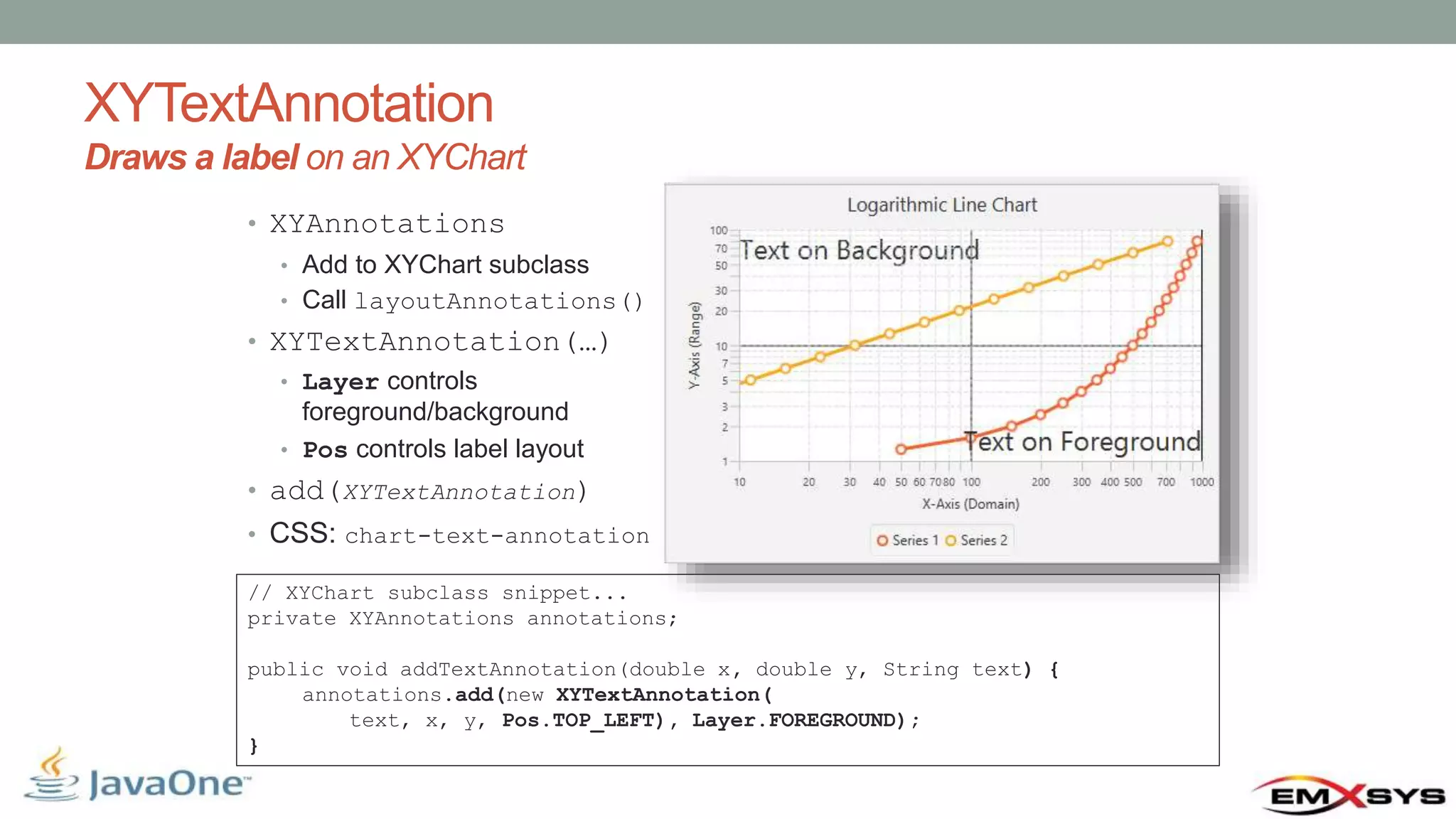 XYTextAnnotation Draws a label on an XYChart • XYAnnotations • Add to XYChart subclass • Call layoutAnnotations() • XYTextAnnotation(…) • Layer controls foreground/background • Pos controls label layout • add(XYTextAnnotation) • CSS: chart-text-annotation // XYChart subclass snippet... private XYAnnotations annotations; public void addTextAnnotation(double x, double y, String text) { annotations.add(new XYTextAnnotation( text, x, y, Pos.TOP_LEFT), Layer.FOREGROUND); } 