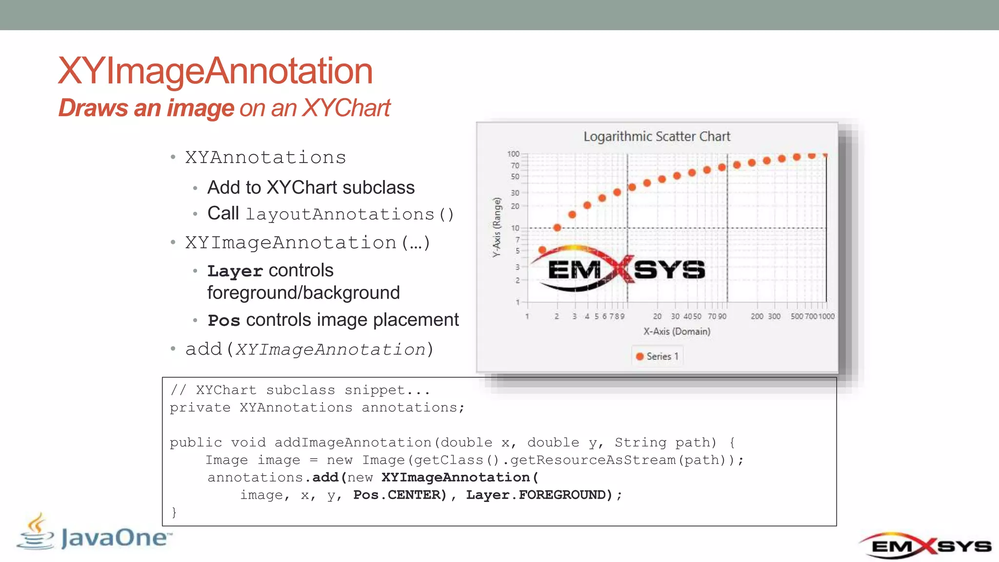 XYImageAnnotation Draws an image on an XYChart • XYAnnotations • Add to XYChart subclass • Call layoutAnnotations() • XYImageAnnotation(…) • Layer controls foreground/background • Pos controls image placement • add(XYImageAnnotation) // XYChart subclass snippet... private XYAnnotations annotations; public void addImageAnnotation(double x, double y, String path) { Image image = new Image(getClass().getResourceAsStream(path)); annotations.add(new XYImageAnnotation( image, x, y, Pos.CENTER), Layer.FOREGROUND); } 