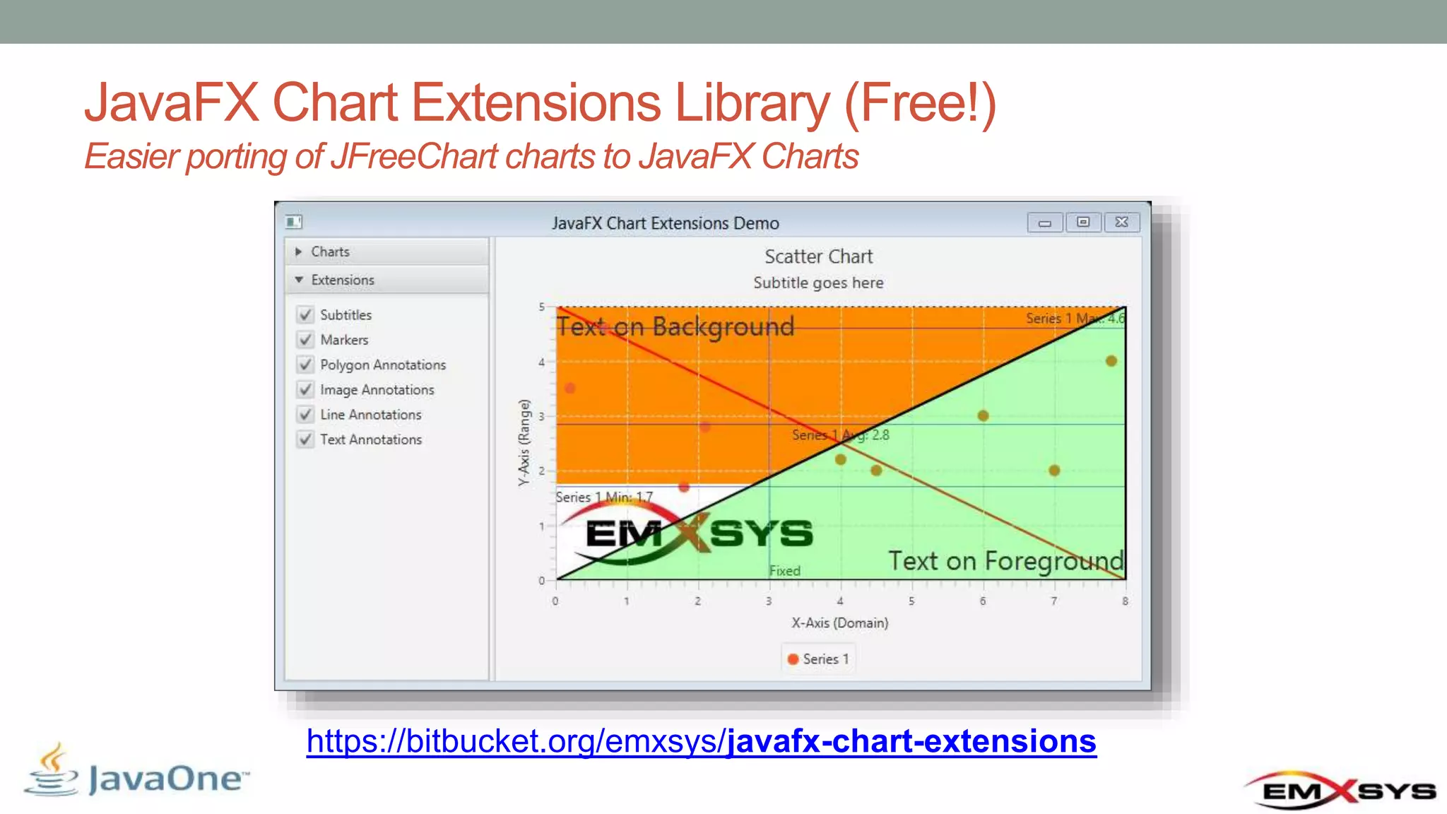 JavaFX Chart Extensions Library (Free!) Easier porting of JFreeChart charts to JavaFX Charts https://bitbucket.org/emxsys/javafx-chart-extensions 