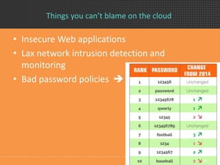 Things you can’t blame on the cloud
• Insecure Web applications
• Lax network intrusion detection and
monitoring
• Bad pas...