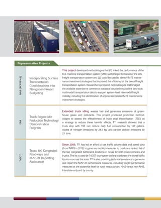 Representative Projects
NAS(NCFRP42)
Incorporating Surface
Transportation
Considerations into
Navigation Project
Budgeting
This project developed methodologies that (1) linked the performance of the
U.S. maritime transportation system (MTS) with the performance of the U.S.
freight transportation system and (2) could be used to identify MTS mainte-
nance investment strategies that improved the efficiency of the overall freight
transportation system. Researchers prepared methodologies that bridged
the available waterborne commerce statistical data with equivalent land-side,
multimodal transportation data to support system-level intermodal freight
mobility, including the identification of appropriate related MTS maintenance
investment strategies.
EPA
Truck Engine Idle
Reduction Technology
Demonstration
Program
Extended truck idling wastes fuel and generates emissions of green-
house gases and pollutants. This project produced prediction method-
ologies to assess the effectiveness of truck stop electrification (TSE) as
a strategy to reduce these harmful effects. TTI research showed that a
truck stop with TSE can reduce daily fuel consumption by 167 gallons,
oxides of nitrogen emissions by 24.5 kg, and carbon dioxide emissions by
2.1 tons.
TxDOT
Texas 100 Congested
Roadways and
MAP-21 Reporting
Assistance
Since 2009, TTI has led an effort to use traffic volume data and speed data
(from INRIX in 2013) to generate mobility measures to produce a ranked list of
the top congested bottleneck locations in Texas for both mixed vehicles and
trucks. The list is used by TxDOT to program dollars to address the worst traffic
locations across the state. TTI is also providing technical assistance to generate
and report the MAP-21 performance measures, including freight performance
measures at the statewide level for rural versus urban, NHS versus non-NHS,
Interstate-only and by county.
 