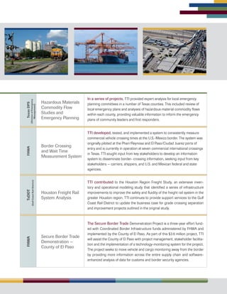 TexasDPS
Hazardous Materials
Commodity Flow
Studies and
Emergency Planning
In a series of projects, TTI provided expert analysis for local emergency
planning committees in a number of Texas counties. This included review of
local emergency plans and analyses of hazardous-material commodity flows
within each county, providing valuable information to inform the emergency
plans of community leaders and first responders.
FHWA
Border Crossing
and Wait Time
Measurement System
TTI developed, tested, and implemented a system to consistently measure
commercial vehicle crossing times at the U.S.-Mexico border. The system was
originally piloted at the Pharr/Reynosa and El Paso/Ciudad Juarez ports of
entry and is currently in operation at seven commercial international crossings
in Texas. TTI sought input from key stakeholders to develop an information
system to disseminate border- crossing information, seeking input from key
stakeholders — carriers, shippers, and U.S. and Mexican federal and state
agencies.
TxDOT
Houston Freight Rail
System Analysis
TTI contributed to the Houston Region Freight Study, an extensive inven-
tory and operational modeling study that identified a series of infrastructure
improvements to improve the safety and fluidity of the freight rail system in the
greater Houston region. TTI continues to provide support services to the Gulf
Coast Rail District to update the business case for grade crossing separation
and improvement projects outlined in the original study.
FHWA
Secure Border Trade
Demonstration ­—
County of El Paso
The Secure Border Trade Demonstration Project is a three-year effort fund-
ed with Coordinated Border Infrastructure funds administered by FHWA and
implemented by the County of El Paso. As part of this $3.6 million project, TTI
will assist the County of El Paso with project management, stakeholder facilita-
tion and the implementation of a technology-monitoring system for the project.
The project seeks to move vehicle and cargo monitoring away from the border
by providing more information across the entire supply chain and software-
enhanced analysis of data for customs and border security agencies.
(GulfCoastRailDistrict)(DivisionofEmergency
Management)
 