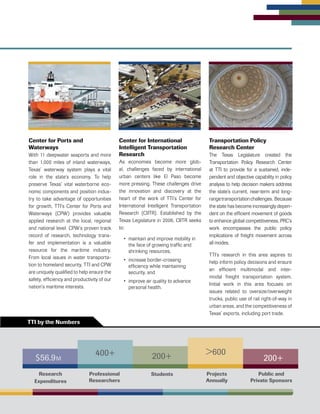TTI by the Numbers
Research
Expenditures
$56.9M 200+400+
200+
>600
Public and
Private Sponsors
Professional
Researchers
Students Projects
Annually
Center for Ports and
Waterways
With 11 deepwater seaports and more
than 1,000 miles of inland waterways,
Texas’ waterway system plays a vital
role in the state’s economy. To help
preserve Texas’ vital waterborne eco-
nomic components and position indus-
try to take advantage of opportunities
for growth, TTI’s Center for Ports and
Waterways (CPW) provides valuable
applied research at the local, regional
and national level. CPW’s proven track
record of research, technology trans-
fer and implementation is a valuable
resource for the maritime industry.
From local issues in water transporta-
tion to homeland security, TTI and CPW
are uniquely qualified to help ensure the
safety, efficiency and productivity of our
nation’s maritime interests.
Center for International
Intelligent Transportation
Research
As economies become more glob-
al, challenges faced by international
urban centers like El Paso become
more pressing. These challenges drive
the innovation and discovery at the
heart of the work of TTI’s Center for
International Intelligent Transportation
Research (CIITR). Established by the
Texas Legislature in 2006, CIITR seeks
to:
•	 maintain and improve mobility in
the face of growing traffic and
shrinking resources,
•	 increase border-crossing
efficiency while maintaining
security, and
•	 improve air quality to advance
personal health.
Transportation Policy
Research Center
The Texas Legislature created the
Transportation Policy Research Center
at TTI to provide for a sustained, inde-
pendent and objective capability in policy
analysis to help decision makers address
the state’s current, near-term and long-
rangetransportationchallenges. Because
the state has become increasingly depen-
dent on the efficient movement of goods
to enhance global competitiveness, PRC’s
work encompasses the public policy
implications of freight movement across
all modes.
TTI’s research in this area aspires to
help inform policy decisions and ensure
an efficient multimodal and inter-
modal freight transportation system.
Initial work in this area focuses on
issues related to oversize/overweight
trucks, public use of rail right-of-way in
urban areas, and the competitiveness of
Texas’ exports, including port trade.
 