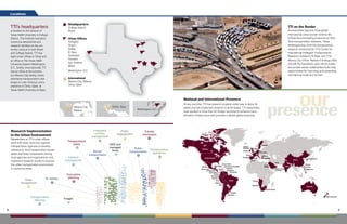 Research Implementation
in the Urban Environment
Researchers at TTI’s urban offices
work with state, local and regional
transportation agencies to develop
solutions to local transportation issues,
assist and foster cooperation among
local agencies and organizations, and
implement research results to improve
the urban transportation environment
in numerous areas.
TTI’s headquarters
is located on the campus of
Texas A&M University in College
Station. The Institute maintains
numerous laboratories and
research facilities on the uni-
versity campus in both Bryan
and College Station. TTI has
eight urban offices in Texas and
an office at The Texas A&M
University System Washington,
D.C., facility. Internationally, TTI
has an office at the universi-
ty’s Mexico City facility, which
addresses transportation chal-
lenges in Latin America, and a
presence in Doha, Qatar, at
Texas A&M University at Qatar.
Transportation
safety
TTI on the Border
As economies become more global,
international urban border centers like
El Paso face increasing pressures on their
local transportation networks. These
challenges help drive the transportation
research conducted by TTI’s Center for
International Intelligent Transportation
Research, located in El Paso, and TTI’s
Mexico City Office. Research findings often
provide the foundation upon which public-
and private-sector stakeholders build new
opportunities for improving and expanding
international trade and tourism.
Mexico City,
Mexico
Doha, Qatar
Washington, D.C.
Locations
Headquarters
College Station
Bryan
Urban Offices
Arlington
Austin
Dallas
El Paso
Galveston
Houston
San Antonio
Waco
Washington, D.C.
International
Mexico City, Mexico
Doha, Qatar
Public
engagement
Public
transportation
Transportation
operations
Traveler
information
HOV and
managed
lanes
Freight
Asset
management
Border
transportation
Evacuation
planning
Incident
management
Transportation
planning
Air quality
Integrated
corridor
management
United States
Brazil
Canada
Mexico
Australia
Peru
China
Hong Kong
Taiwan
PhilippinesUnited Arab
Emirates
South Korea
India
Qatar
Saudi
Arabia
France
Belgium
Portugal
Spain
Italy Macedonia
Kosovo
United
Kingdom
Bolivia
Argentina
Uruguay
South Africa
New Zealand
Namibia
Angola
Ireland
Sweden
Germany
Costa Rica
Colombia
Guatemala
El Salvador
Nicaragua
Panama
Ecuador
Chile
Puerto Rico
Dominican Republic
Jamaica
Belize Honduras
Venezuela
National and International Presence
At any one time, TTI has research projects under way in about 30
states and has conducted research in all 50 states. TTI researchers
have worked in more than 40 foreign countries to enhance trans-
portation infrastructure and promote a vibrant global economy. presence
our
8 9
 