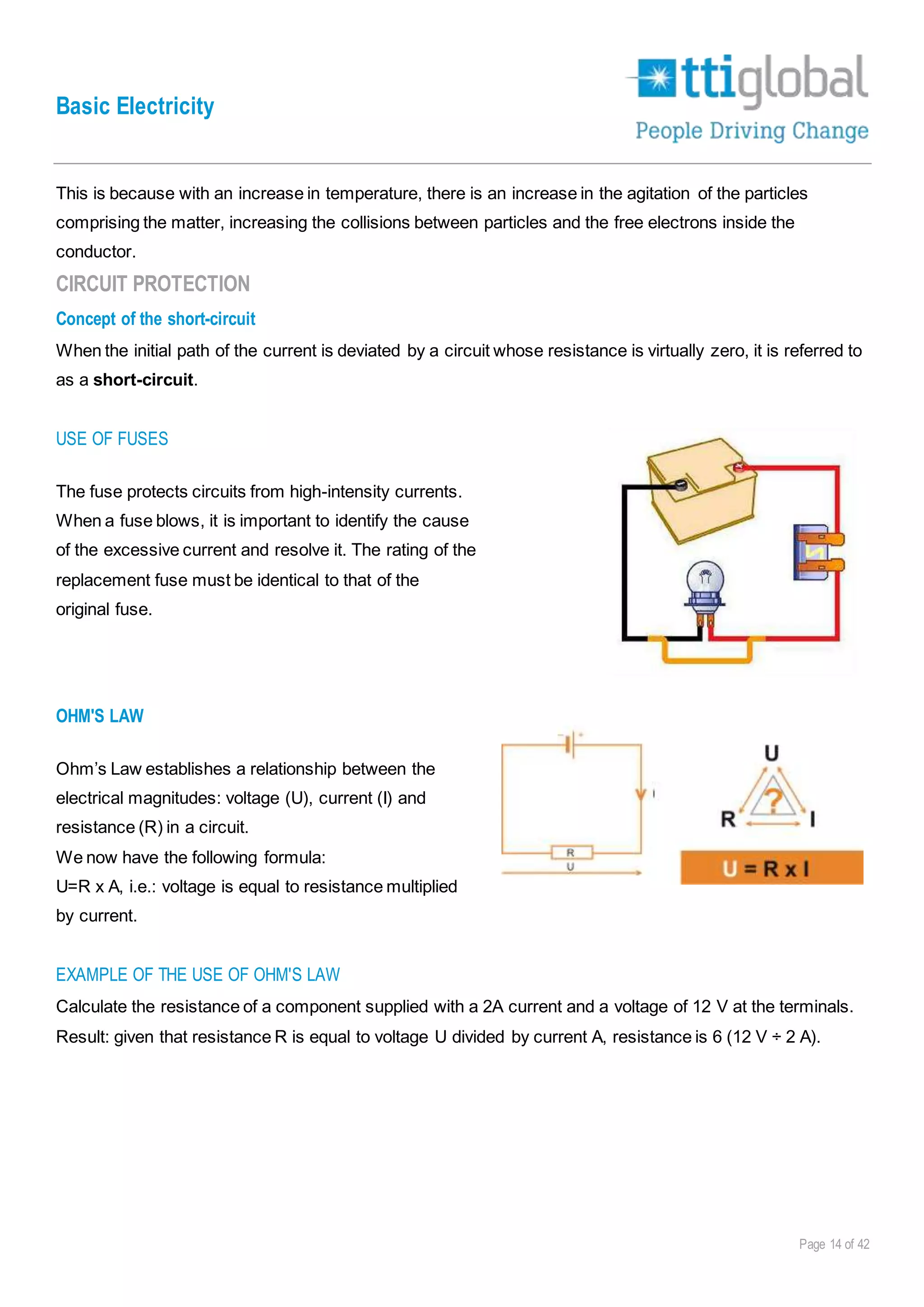 Basic Electricity
Page 14 of 42
This is because with an increase in temperature, there is an increase in the agitation of the particles
comprising the matter, increasing the collisions between particles and the free electrons inside the
conductor.
CIRCUIT PROTECTION
Concept of the short-circuit
When the initial path of the current is deviated by a circuit whose resistance is virtually zero, it is referred to
as a short-circuit.
USE OF FUSES
The fuse protects circuits from high-intensity currents.
When a fuse blows, it is important to identify the cause
of the excessive current and resolve it. The rating of the
replacement fuse must be identical to that of the
original fuse.
OHM'S LAW
Ohm’s Law establishes a relationship between the
electrical magnitudes: voltage (U), current (I) and
resistance (R) in a circuit.
We now have the following formula:
U=R x A, i.e.: voltage is equal to resistance multiplied
by current.
EXAMPLE OF THE USE OF OHM'S LAW
Calculate the resistance of a component supplied with a 2A current and a voltage of 12 V at the terminals.
Result: given that resistance R is equal to voltage U divided by current A, resistance is 6 (12 V ÷ 2 A).
 