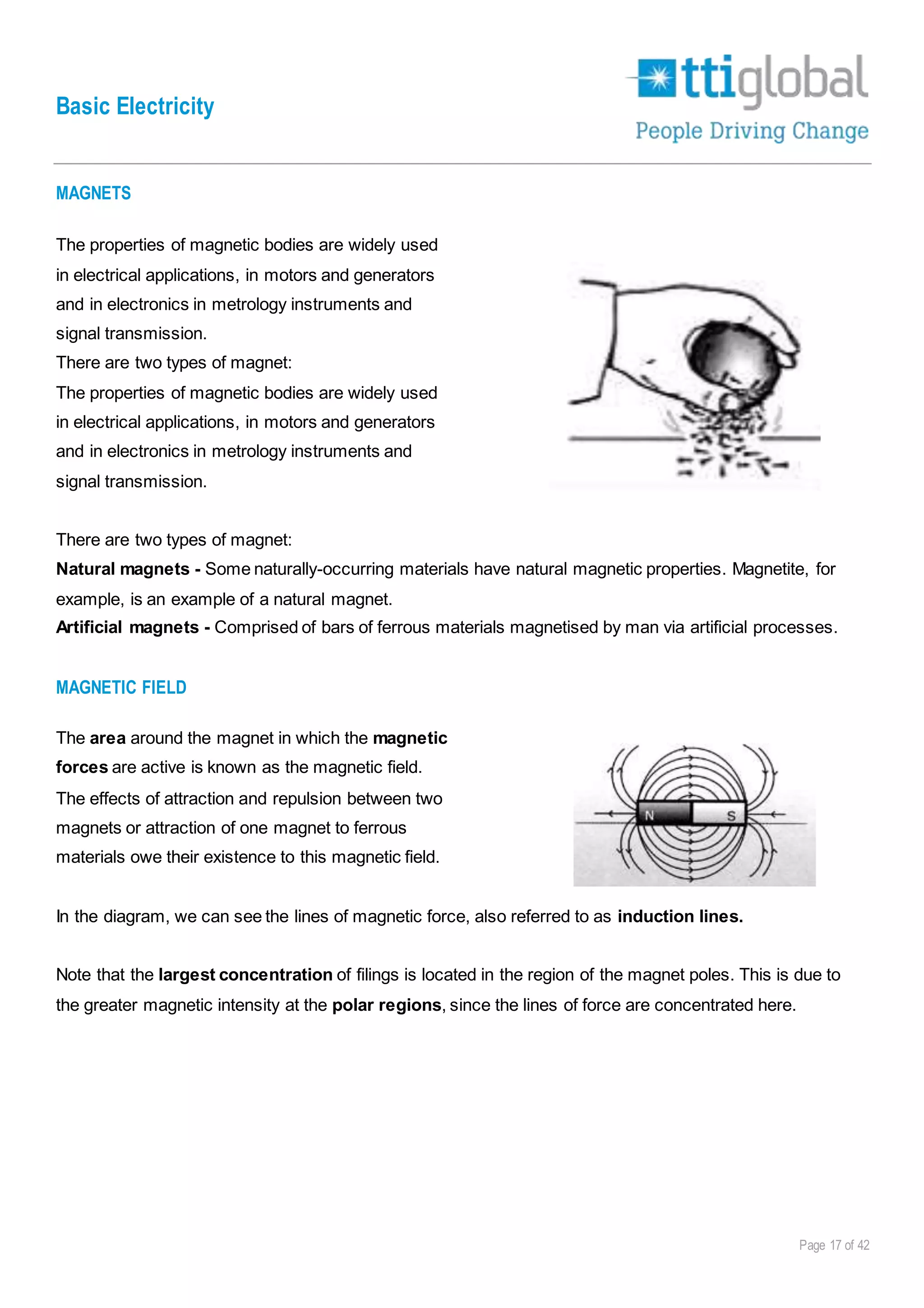 Basic Electricity
Page 17 of 42
MAGNETS
The properties of magnetic bodies are widely used
in electrical applications, in motors and generators
and in electronics in metrology instruments and
signal transmission.
There are two types of magnet:
The properties of magnetic bodies are widely used
in electrical applications, in motors and generators
and in electronics in metrology instruments and
signal transmission.
There are two types of magnet:
Natural magnets - Some naturally-occurring materials have natural magnetic properties. Magnetite, for
example, is an example of a natural magnet.
Artificial magnets - Comprised of bars of ferrous materials magnetised by man via artificial processes.
MAGNETIC FIELD
The area around the magnet in which the magnetic
forces are active is known as the magnetic field.
The effects of attraction and repulsion between two
magnets or attraction of one magnet to ferrous
materials owe their existence to this magnetic field.
In the diagram, we can see the lines of magnetic force, also referred to as induction lines.
Note that the largest concentration of filings is located in the region of the magnet poles. This is due to
the greater magnetic intensity at the polar regions, since the lines of force are concentrated here.
 