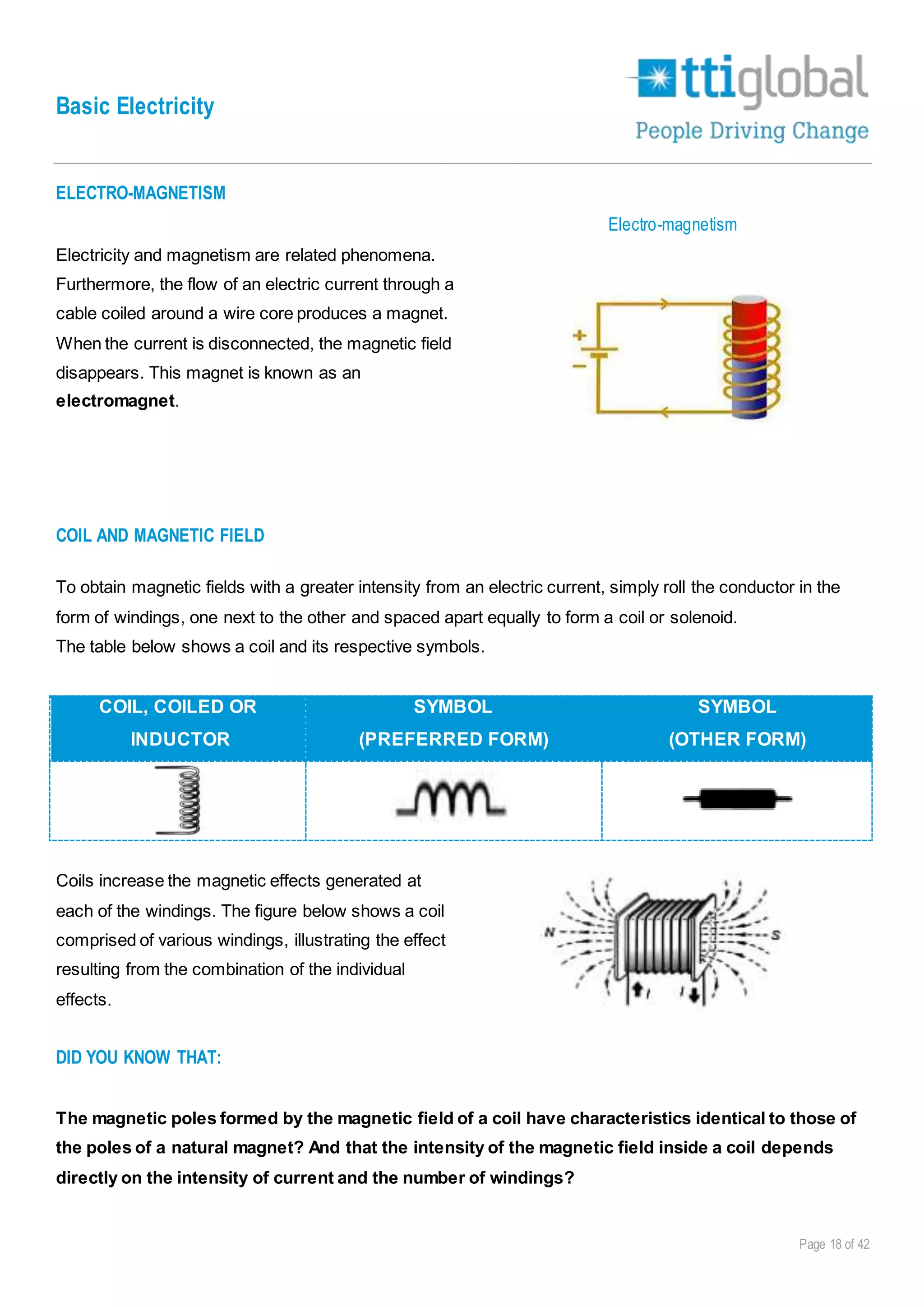 Basic Electricity
Page 18 of 42
ELECTRO-MAGNETISM
Electricity and magnetism are related phenomena.
Furthermore, the flow of an electric current through a
cable coiled around a wire core produces a magnet.
When the current is disconnected, the magnetic field
disappears. This magnet is known as an
electromagnet.
Electro-magnetism
COIL AND MAGNETIC FIELD
To obtain magnetic fields with a greater intensity from an electric current, simply roll the conductor in the
form of windings, one next to the other and spaced apart equally to form a coil or solenoid.
The table below shows a coil and its respective symbols.
COIL, COILED OR
INDUCTOR
SYMBOL
(PREFERRED FORM)
SYMBOL
(OTHER FORM)
Coils increase the magnetic effects generated at
each of the windings. The figure below shows a coil
comprised of various windings, illustrating the effect
resulting from the combination of the individual
effects.
DID YOU KNOW THAT:
The magnetic poles formed by the magnetic field of a coil have characteristics identical to those of
the poles of a natural magnet? And that the intensity of the magnetic field inside a coil depends
directly on the intensity of current and the number of windings?
 