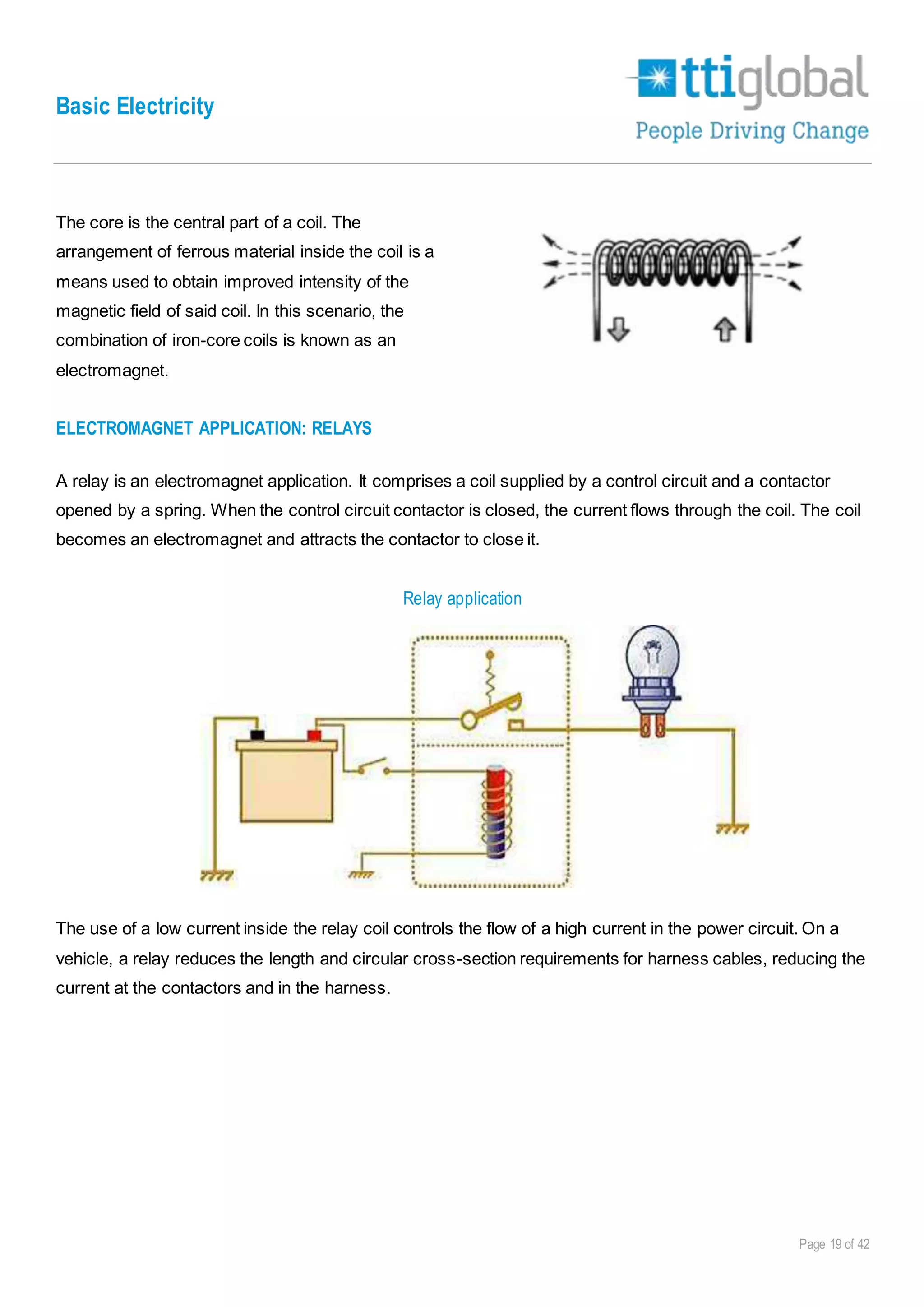 Basic Electricity
Page 19 of 42
The core is the central part of a coil. The
arrangement of ferrous material inside the coil is a
means used to obtain improved intensity of the
magnetic field of said coil. In this scenario, the
combination of iron-core coils is known as an
electromagnet.
ELECTROMAGNET APPLICATION: RELAYS
A relay is an electromagnet application. It comprises a coil supplied by a control circuit and a contactor
opened by a spring. When the control circuit contactor is closed, the current flows through the coil. The coil
becomes an electromagnet and attracts the contactor to close it.
Relay application
The use of a low current inside the relay coil controls the flow of a high current in the power circuit. On a
vehicle, a relay reduces the length and circular cross-section requirements for harness cables, reducing the
current at the contactors and in the harness.
 