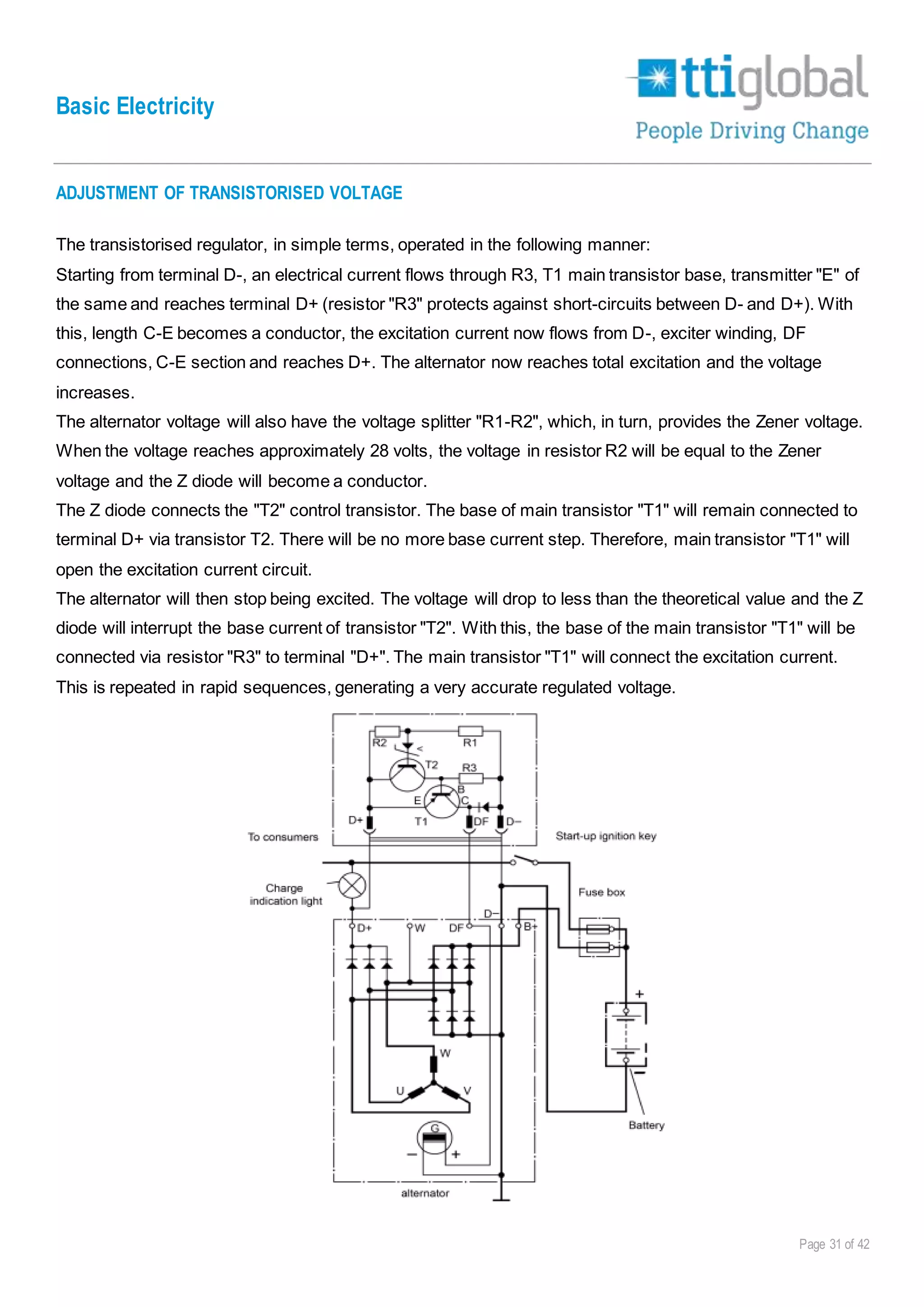 Basic Electricity
Page 31 of 42
ADJUSTMENT OF TRANSISTORISED VOLTAGE
The transistorised regulator, in simple terms, operated in the following manner:
Starting from terminal D-, an electrical current flows through R3, T1 main transistor base, transmitter "E" of
the same and reaches terminal D+ (resistor "R3" protects against short-circuits between D- and D+). With
this, length C-E becomes a conductor, the excitation current now flows from D-, exciter winding, DF
connections, C-E section and reaches D+. The alternator now reaches total excitation and the voltage
increases.
The alternator voltage will also have the voltage splitter "R1-R2", which, in turn, provides the Zener voltage.
When the voltage reaches approximately 28 volts, the voltage in resistor R2 will be equal to the Zener
voltage and the Z diode will become a conductor.
The Z diode connects the "T2" control transistor. The base of main transistor "T1" will remain connected to
terminal D+ via transistor T2. There will be no more base current step. Therefore, main transistor "T1" will
open the excitation current circuit.
The alternator will then stop being excited. The voltage will drop to less than the theoretical value and the Z
diode will interrupt the base current of transistor "T2". With this, the base of the main transistor "T1" will be
connected via resistor "R3" to terminal "D+". The main transistor "T1" will connect the excitation current.
This is repeated in rapid sequences, generating a very accurate regulated voltage.
 