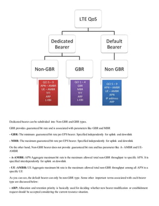 Dedicated bearer can be subdivided into Non-GBR and GBR types.
GBR provides guaranteed bit rate and is associated with parameters like GBR and MBR
- GBR: The minimum guaranteed bit rate per EPS bearer. Specified independently for uplink and downlink
- MBR: The maximum guaranteed bit rate per EPS bearer. Specified independently for uplink and downlink
On the other hand, Non-GBR bearer does not provide guaranteed bit rate and has parameter like A- AMBR and UE-
AMBR
- A-AMBR: APN Aggregate maximum bit rate is the maximum allowed total non-GBR throughput to specific APN. It is
specified interdependently for uplink an downlink
- UE -AMBR: UE Aggregate maximum bit rate is the maximum allowed total non-GBR throughput among all APN to a
specific UE
As you can see,the default bearer can only be non-GBR type. Some other important terms associated with each bearer
type are discussed below:
- ARP: Allocation and retention priority is basically used for deciding whether new bearer modification or establishment
request should be accepted considering the current resource situation.
 