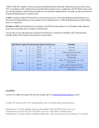 - TFT: Traffic flow template is always associated with dedicated bearer and while default bearer may or may not have
TFT. As mentioned earlier, dedicated bearer provides QoS to special service or application and TFT defines rules so that
UE and Network knows which IP packet should be sent on particular dedicated bearer. It usually has rules on the basis of
IP packet destination/source or protocol used.
L-EBI: It stands for Linked EPS bearer ID. As I discussed in previous article about dedicated and default bearer,we
know that each dedicated bearer is always linked to one of default bearers. L-EBI tells Dedicated bearer which default
bearer it is attached to.
IP Address/ PDN: Each default bearer is attached to some PDN network and has its own IP address while dedicated
bearer does not need this since it is linked to default bearer.
You can also see one other parameter associated with all bearers i.e. QoS class of identifier (QCI).This parameter
basically defines IP level packets characteristics as shown below
EXAMPLE
Let me try to explain here again with the same example I gave in Default and Dedicated Bearer section
Usually LTE networks with VoLTE implementations have two default and one dedicated bearer
Default bearer 1: Used for signaling messages (sip signaling) related to IMS network. It uses qci 5
Dedicated bearer: Used for VoLTE VoIP traffic. It uses qci 1 and is linked to default bearer 1
Default bearer 2: Used for all other smartphone traffic (video, chat, email, browser etc),assuming qci 9 is used here
 