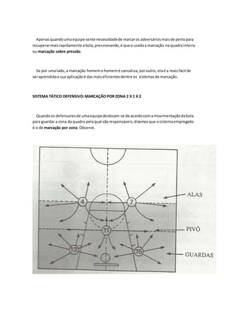 Apenas quando uma equipe sente necessidade de marcar os adversários mais de perto para 
recuperar mais rapidamente a bola, pressionando, é que e usada a marcação na quadra inteira 
ou marcação sobre pressão. 
Se por uma lado, a marcação homem a homem é cansativa, por outro, ela é a mais fácil de 
ser aprendida e sua aplicação é das mais eficientes dentre os sistemas de marcação. 
SISTEMA TÁTICO DEFENSIVO: MARCAÇÃO POR ZONA 2 X 1 X 2 
Quando os defensores de uma equipe deslocam-se de acordo com a movimentação da bola 
para guardar a zona da quadra pela qual são responsáveis, dizemos que o sistema empregado 
é o de marcação por zona. Observe. 
 
