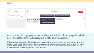 PAGES
As an author of a page you can decide about the visibility of your page. By default
only the author and the administrators see the page you create.
If you think your page is ready, you must tick the audience. In most cases you will
make your page only visible to the members of the Twinspace. Pages can also be
made visible to everyone on the internet.
 