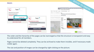 PAGES
The order and the hierarchy of the pages can be rearranged so that the structure is transparent and easy
to understand for all members.
Pages cannot be deleted completely. They can be archived to make them invisible, and if necessary made
visible again.
The size and position of images can be changed by right-clicking on the picture.
 