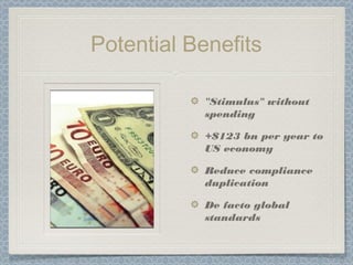 Potential Benefits
"Stimulus" without
spending
+$123 bn per year to
US economy
Reduce compliance
duplication
De facto global
standards
 