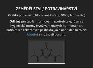 ZEMĚDĚLSTVÍ / POTRAVINÁŘSTVÍ
Kvalita potravin: (chlorovaná kuřata, GMO / Monsanto)
Odlišný přístup k informování: spotřebitele, různí se
hygienické normy (využívání různých hormonálních
antibiotik a zakázaných pesticidů, jako například herbicid
) a možnosti postihu.Atrazin
 
