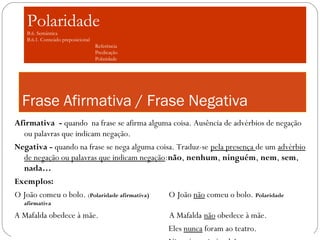 Polaridade
   B.6. Semântica
   B.6.1. Conteúdo preposicional
                                   Referência
                                   Predicação
                                   Polaridade




  Frase Afirmativa / Frase Negativa
Afirmativa - quando na frase se afirma alguma coisa. Ausência de advérbios de negação
  ou palavras que indicam negação.
Negativa - quando na frase se nega alguma coisa. Traduz-se pela presença de um advérbio
  de negação ou palavras que indicam negação:não, nenhum, ninguém, nem, sem,
  nada…
Exemplos:
O João comeu o bolo. (Polaridade afirmativa)  O João não comeu o bolo. Polaridade
  afirmativa

A Mafalda obedece à mãe.                        A Mafalda não obedece à mãe.
                                                Eles nunca foram ao teatro.
 