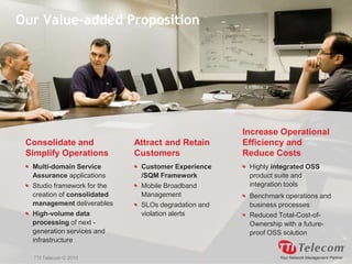 Our Value-added PropositionIncrease Operational Efficiency and Reduce Costs Consolidate and Simplify Operations Attract and Retain Customers Multi-domain Service Assurance applicationsStudio framework for the creation of consolidated management deliverablesHigh-volume data processing of next -generation services and infrastructureCustomer Experience /SQM Framework Mobile Broadband ManagementSLOs degradation and violation alertsHighly integrated OSS product suite and integration tools Benchmark operations and business processesReduced Total-Cost-of-Ownership with a future-proof OSS solution   TTI Telecom © 2010