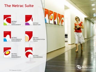 NETRAC FAULT MANAGEMENT NETRAC MEDIATION NETRACPERFORMANCE MANAGEMENT NETRAC IMPLEMENTATION TOOLS NETRAC SERVICE MANAGEMENT NETRAC PROVISIONING The Netrac SuiteTTI Telecom © 2010