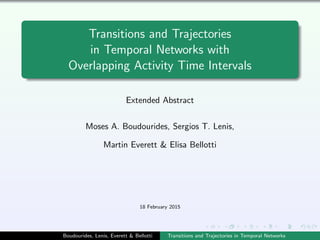 Transitions and Trajectories
in Temporal Networks with
Overlapping Activity Time Intervals
Extended Abstract
Moses A. Boudourides, Sergios T. Lenis,
Martin Everett & Elisa Bellotti
18 February 2015
Boudourides, Lenis, Everett & Bellotti Transitions and Trajectories in Temporal Networks
 