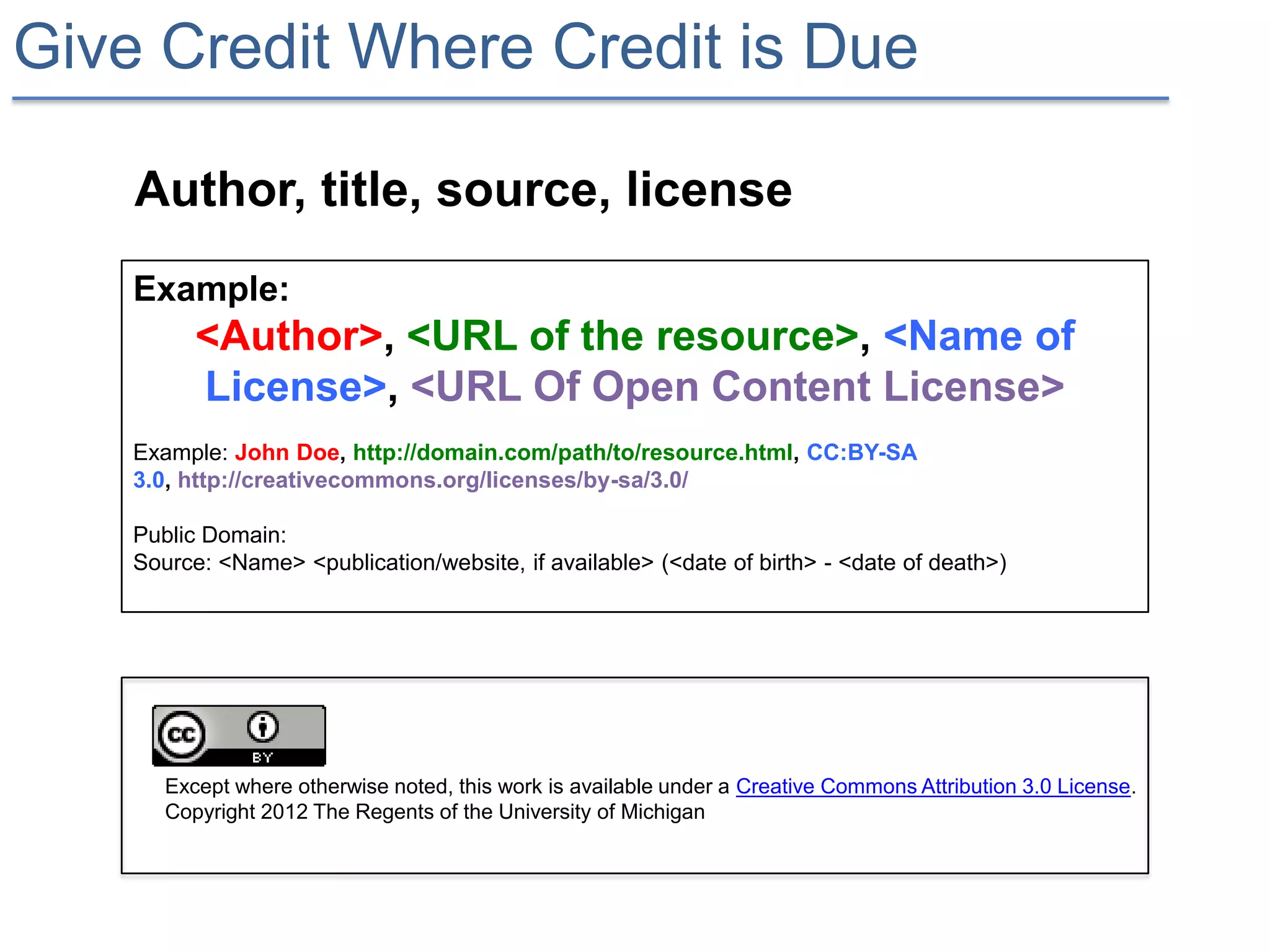 Give Credit Where Credit is Due

    Author, title, source, license
    Example:
          <Author>, <URL of the resource>, <Name of
          License>, <URL Of Open Content License>
    Example: John Doe, http://domain.com/path/to/resource.html, CC:BY-SA
    3.0, http://creativecommons.org/licenses/by-sa/3.0/

    Public Domain:
    Source: <Name> <publication/website, if available> (<date of birth> - <date of death>)




       Except where otherwise noted, this work is available under a Creative Commons Attribution 3.0 License.
       Copyright 2012 The Regents of the University of Michigan
 