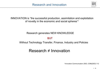 INNOVATION is “ the successful production, assimilation and exploitation of novelty in the economic and social spheres ” 1 1 Innovation Communication 2003, COM(2003) 112 Research generates NEW KNOWLEDGE BUT Without Technology Transfer, Finance, Industry and Policies Research ≠ Innovation Research and Innovation 