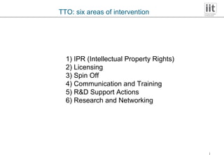 TTO: six areas of intervention  IPR (Intellectual Property Rights) Licensing Spin Off Communication and Training R&D Support Actions Research and Networking 