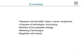 2) Licensing Research contracts (NDA, Option, Licence, Assignment) Evaluation of technologies  and scouting Definition of the exploitation strategy Marketing of technologies   Negotiation with industry 
