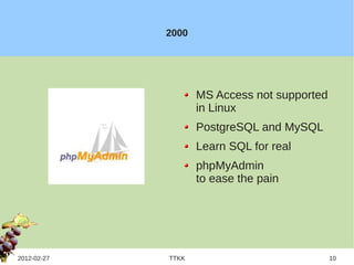 2000




                    MS Access not supported
                    in Linux
                    PostgreSQL and MySQL
                    Learn SQL for real
                    phpMyAdmin
                    to ease the pain




2012-02-27   TTKK                             10
 