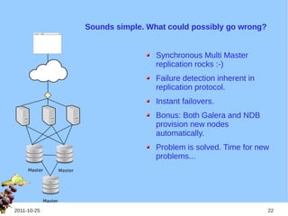 Sounds simple. What could possibly go wrong?


                              Synchronous Multi Master
                              replication rocks :-)
                              Failure detection inherent in
                              replication protocol.
                              Instant failovers.
                              Bonus: Both Galera and NDB
                              provision new nodes
                              automatically.
                              Problem is solved. Time for new
                              problems...




2011-10-25                                                    22
 