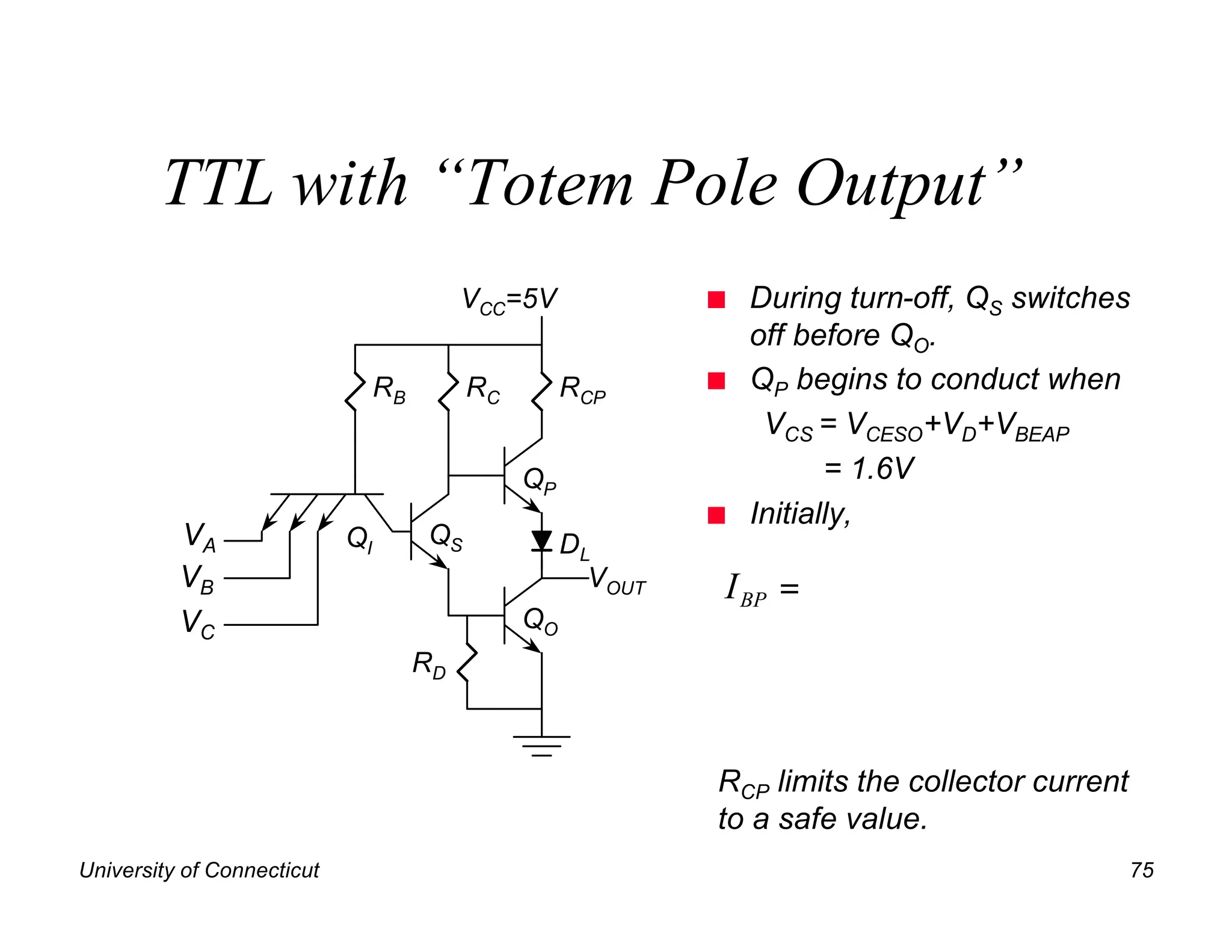 TTL with “Totem Pole Output”
                                           VCC=5V             n   During turn-off, QS switches
                                                                  off before QO.
                                 RB        RC        RCP      n   QP begins to conduct when
                                                                   VCS = VCESO+VD+VBEAP
                                                QP                       = 1.6V
                                                              n   Initially,
          VA                QI        QS             DL
          VB                                           VOUT   I BP =
          VC                                    QO
                                      RD



                                                              RCP limits the collector current
                                                              to a safe value.
University of Connecticut                                                                        75
 