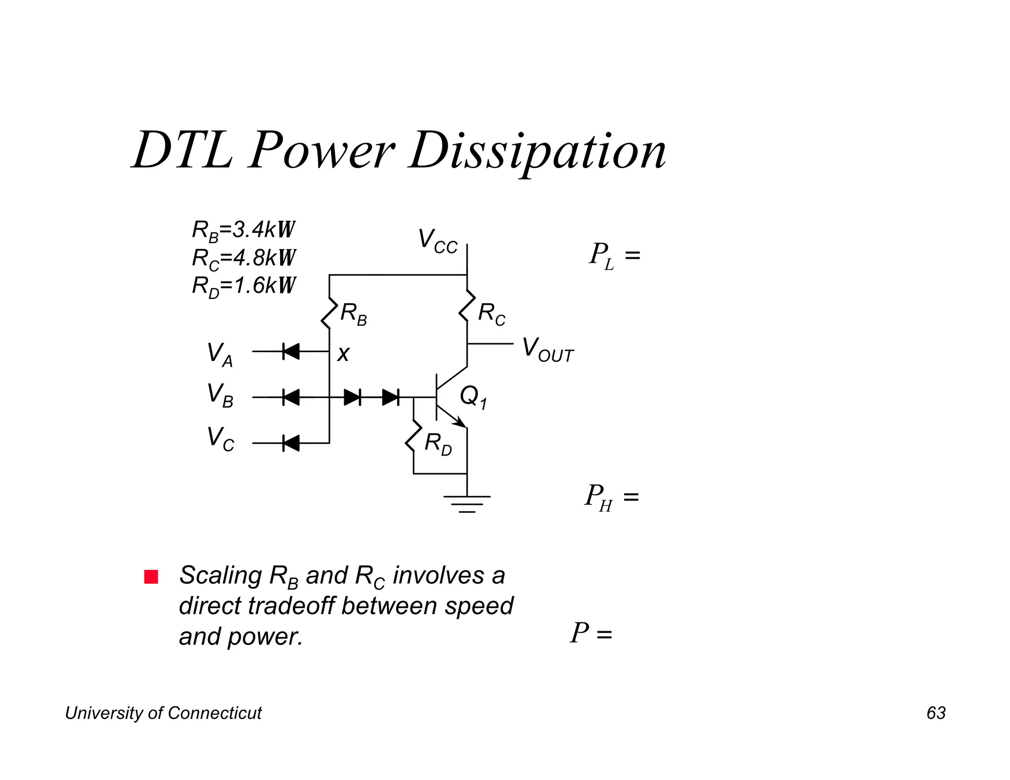DTL Power Dissipation
                RB=3.4kΩ          VCC
                RC=4.8kΩ                             PL =
                RD=1.6kΩ
                            RB           RC
                 VA         x                 VOUT
                 VB                     Q1
                 VC                RD

                                                     PH =

          n   Scaling RB and RC involves a
              direct tradeoff between speed
              and power.                         P=

University of Connecticut                                   63
 