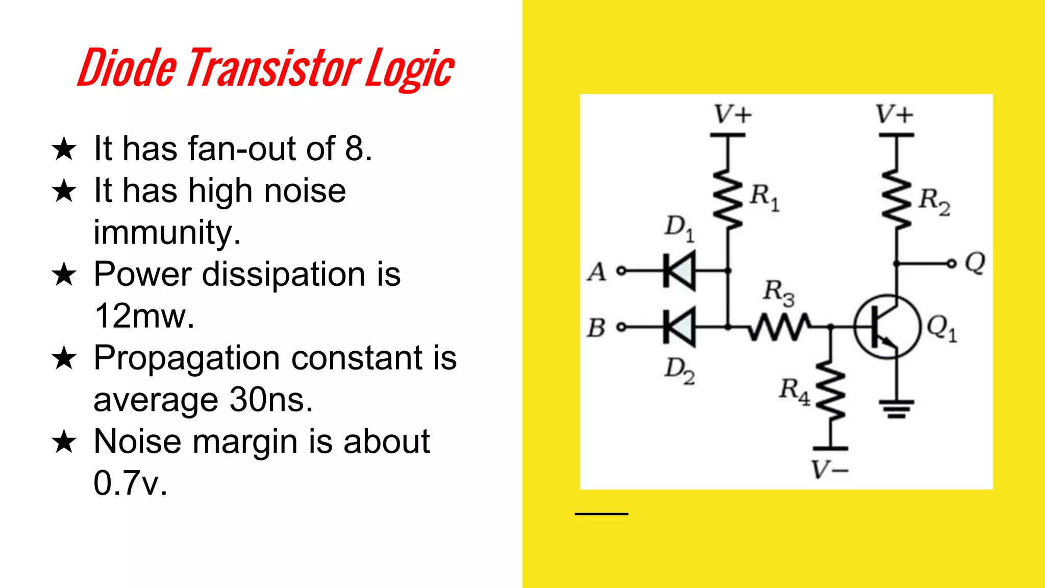 Diode Transistor Logic
★ It has fan-out of 8.
★ It has high noise
immunity.
★ Power dissipation is
12mw.
★ Propagation constant is
average 30ns.
★ Noise margin is about
0.7v.
 