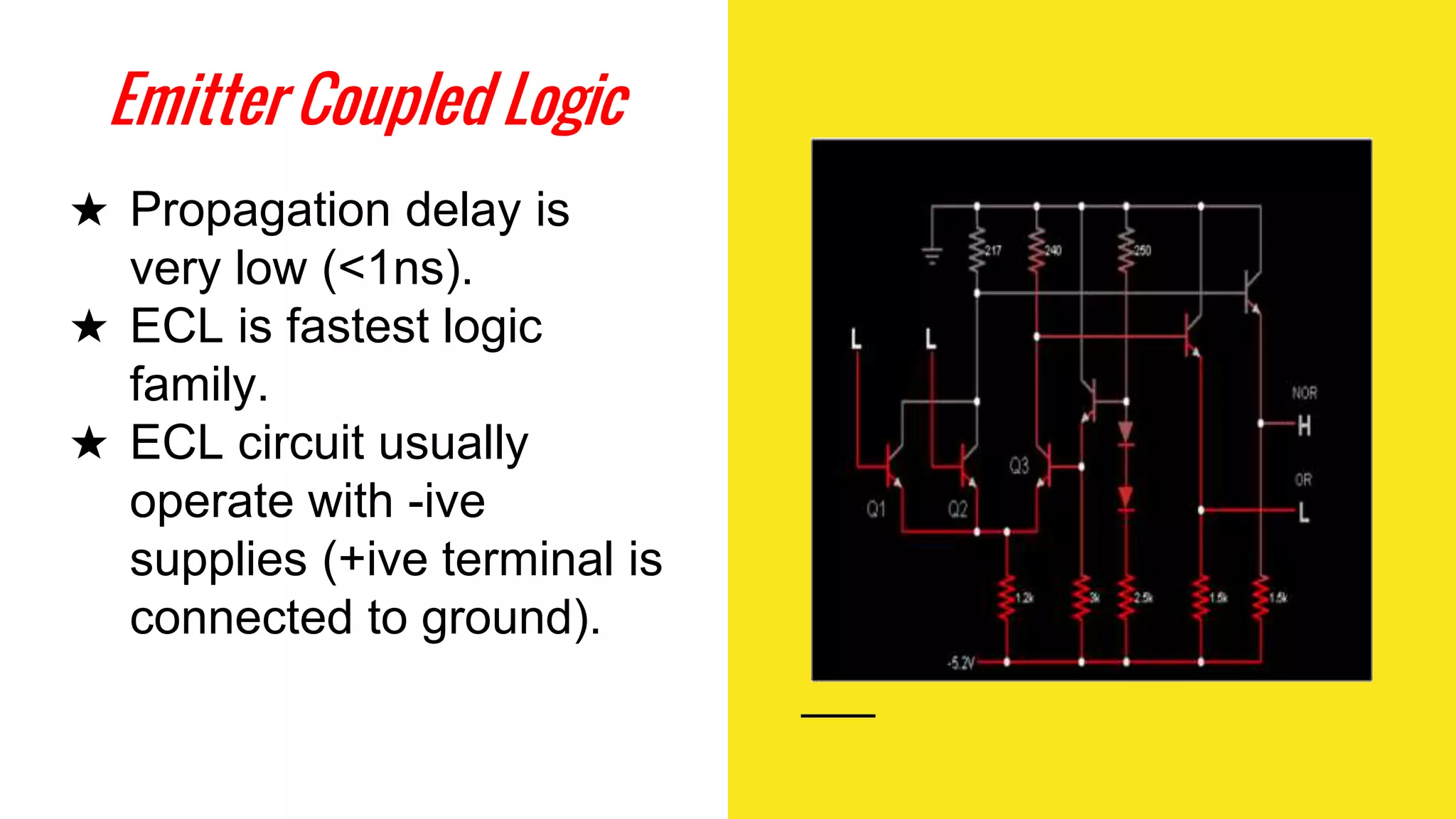 Emitter Coupled Logic
★ Propagation delay is
very low (<1ns).
★ ECL is fastest logic
family.
★ ECL circuit usually
operate with -ive
supplies (+ive terminal is
connected to ground).
 
