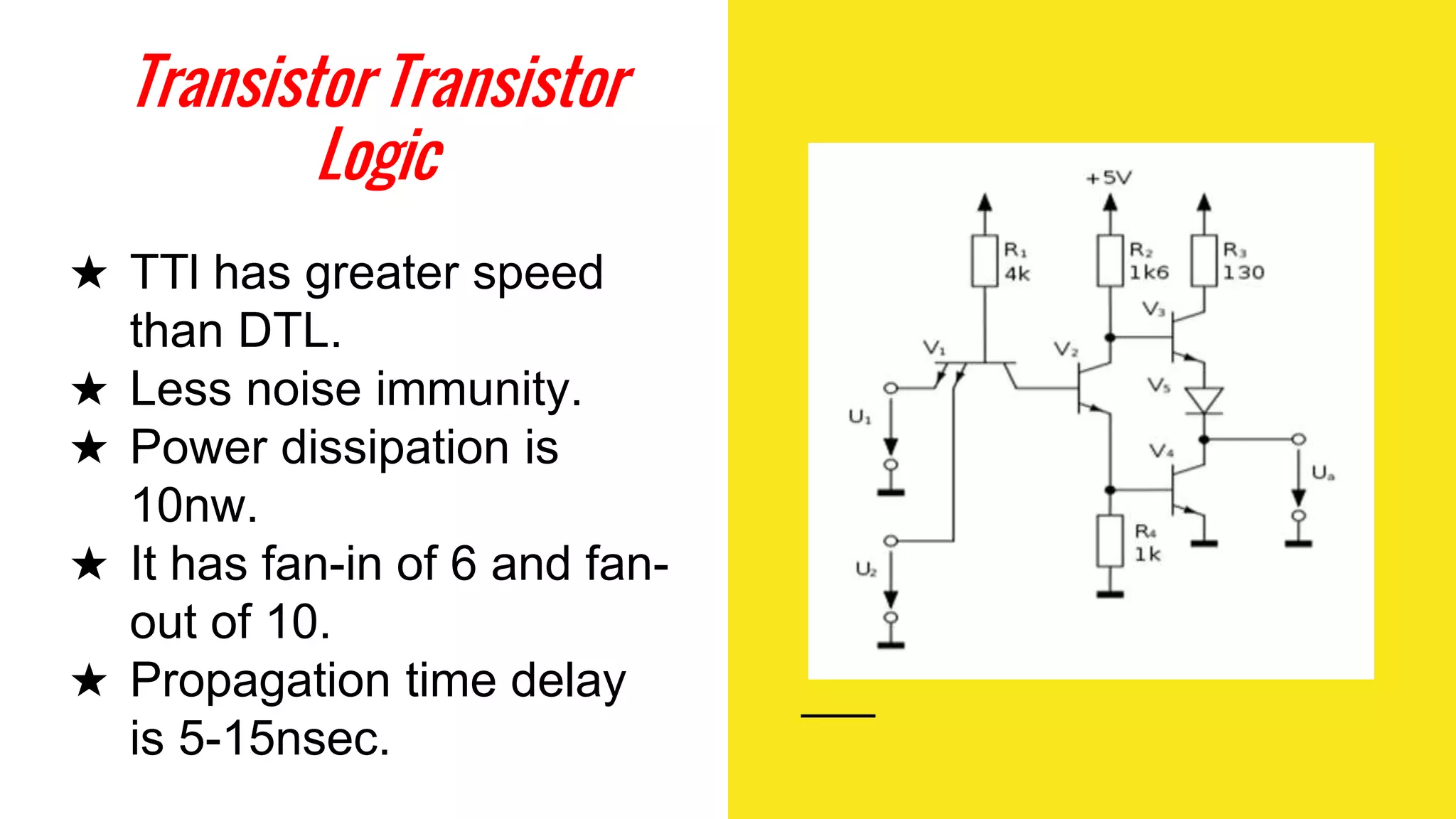 Transistor Transistor
Logic
★ TTl has greater speed
than DTL.
★ Less noise immunity.
★ Power dissipation is
10nw.
★ It has fan-in of 6 and fan-
out of 10.
★ Propagation time delay
is 5-15nsec.
 