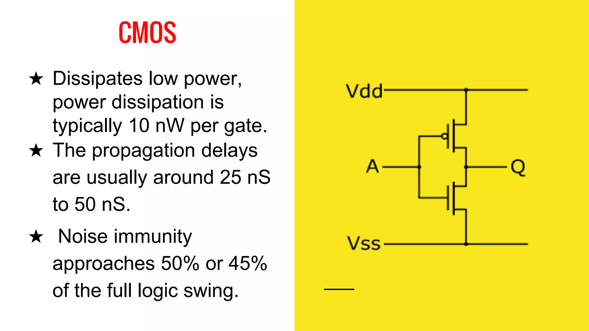 CMOS
★ Dissipates low power,
power dissipation is
typically 10 nW per gate.
★ The propagation delays
are usually around 25 nS
to 50 nS.
★ Noise immunity
approaches 50% or 45%
of the full logic swing.
 