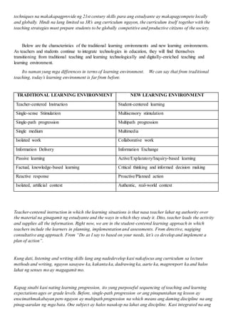 techniques na makakapagprovide ng 21st century skills para ang estudyante ay makapagcompete locally
and globally. Hindi na lang limited sa 3R’s ang curriculum ngayon, the curriculum itself together with the
teaching strategies must prepare students to be globally competitive and productive citizens of the society.
Below are the characteristics of the traditional learning environments and new learning environments.
As teachers and students continue to integrate technologies in education, they will find themselves
transitioning from traditional teaching and learning technologically and digitally-enriched teaching and
learning environment.
Ito naman yung mga differences in terms of learning environment. We can say that from traditional
teaching, today’s learning environment is far from before.
TRADITIONAL LEARNING ENVIRONMENT NEW LEARNING ENVIRONMENT
Teacher-centered Instruction Student-centered learning
Single-sense Stimulation Multisensory stimulation
Single-path progression Multipath progression
Single medium Multimedia
Isolated work Collaborative work
Information Delivery Information Exchange
Passive learning Active/Explaratory/Inquiry-based learning
Factual, knowledge-based learning Critical thinking and informed decision making
Reactive response Proactive/Planned action
Isolated, artificial context Authentic, real-world context
Teacher-centered instruction in which the learning situations is that nasa teacher lahat ng authority over
the material na ginagamit ng estudyante and the ways in which they study it. Dito, teacher leads the activity
and supplies all the information. Right now, we are in the student-centered learning approach in which
teachers include the learners in planning, implementation and assessments. From directive, nagiging
consultative ang approach. From “Do as I say to based on your needs, let’s co develop and implement a
plan of action”.
Kung dati, listening and writing skills lang ang nadedevelop kasi nakafocus ang curriculum sa lecture
methods and writing, ngayon sasayaw ka, kakanta ka, dadrawing ka, aarte ka, magrereport ka and halos
lahat ng senses mo ay magagamit mo.
Kapag sinabi kasi nating learning progression, ito yung purposeful sequencing of teaching and learning
expectations ages or grade levels. Before, single-path progression or ang pinupuntahan ng lesson ay
enscimathmakabayan pero ngayon ay multipath progression na which means ang daming discipline na ang
pinag-aaralan ng mga bata. One subject ay halos nasakop na lahat ang discipline. Kasi integrated na ang
 