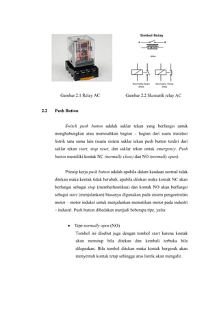 Gambar 2.1 Relay AC Gambar 2.2 Skematik relay AC
2.2 Push Button
Switch push button adalah saklar tekan yang berfungsi untuk
menghubungkan atau memisahkan bagian – bagian dari suatu instalasi
listrik satu sama lain (suatu sistem saklar tekan push button terdiri dari
saklar tekan start, stop reset, dan saklar tekan untuk emergency. Push
button memiliki kontak NC (normally close) dan NO (normally open).
Prinsip kerja push button adalah apabila dalam keadaan normal tidak
ditekan maka kontak tidak berubah, apabila ditekan maka kontak NC akan
berfungsi sebagai stop (memberhentikan) dan kontak NO akan berfungsi
sebagai start (menjalankan) biasanya digunakan pada sistem pengontrolan
motor – motor induksi untuk menjalankan mematikan motor pada industri
– industri. Push button dibedakan menjadi beberapa tipe, yaitu:
• Tipe normally open (NO)
Tombol ini disebut juga dengan tombol start karena kontak
akan menutup bila ditekan dan kembali terbuka bila
dilepaskan. Bila tombol ditekan maka kontak bergerak akan
menyentuh kontak tetap sehingga arus listrik akan mengalir.
 
