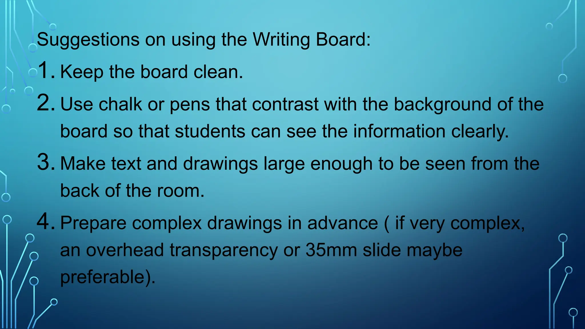 Suggestions on using the Writing Board:
1. Keep the board clean.
2. Use chalk or pens that contrast with the background of the
board so that students can see the information clearly.
3. Make text and drawings large enough to be seen from the
back of the room.
4. Prepare complex drawings in advance ( if very complex,
an overhead transparency or 35mm slide maybe
preferable).
 