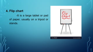4. Flip chart
-It is a large tablet or pad
of paper, usually on a tripod or
stands.
 
