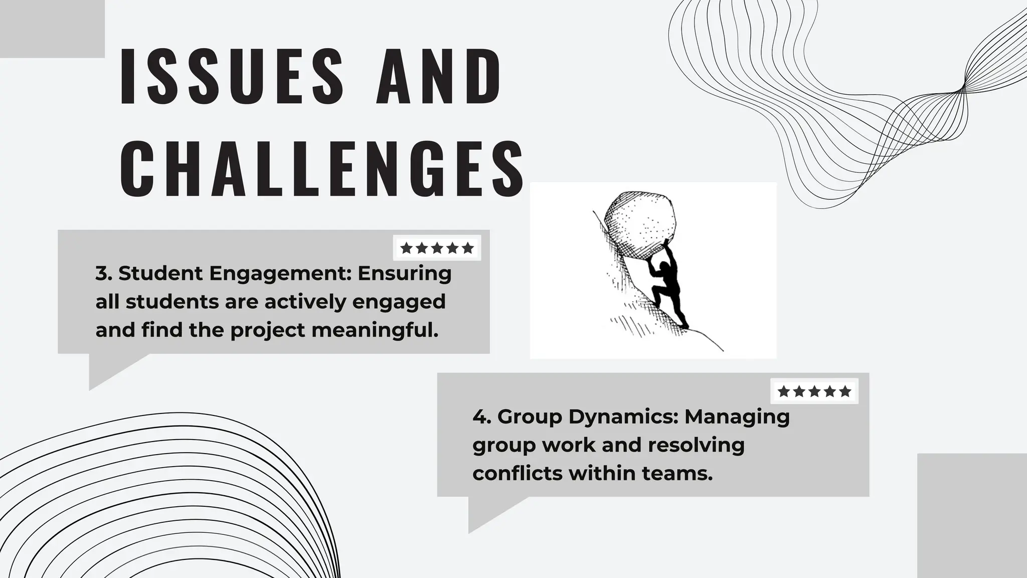 3. Student Engagement: Ensuring
all students are actively engaged
and find the project meaningful.
ISSUES AND
CHALLENGES
4. Group Dynamics: Managing
group work and resolving
conflicts within teams.
 