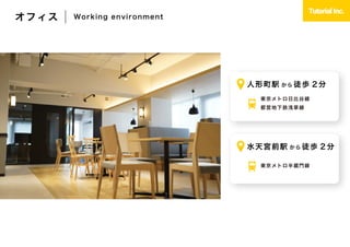 人形町駅 から 徒歩 2 分
東京メトロ日比谷線
都営地下鉄浅草線
水天宮前駅 から 徒歩 2 分
東京メトロ半蔵門線
オフィス Working environment
 