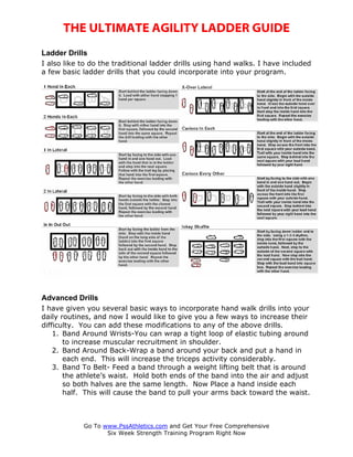 THE ULTIMATE AGILITY LADDER GUIDE
Ladder Drills
I also like to do the traditional ladder drills using hand walks. I have included
a few basic ladder drills that you could incorporate into your program.




Advanced Drills
I have given you several basic ways to incorporate hand walk drills into your
daily routines, and now I would like to give you a few ways to increase their
difficulty. You can add these modifications to any of the above drills.
    1. Band Around Wrists-You can wrap a tight loop of elastic tubing around
       to increase muscular recruitment in shoulder.
    2. Band Around Back-Wrap a band around your back and put a hand in
       each end. This will increase the triceps activity considerably.
    3. Band To Belt- Feed a band through a weight lifting belt that is around
       the athlete’s waist. Hold both ends of the band into the air and adjust
       so both halves are the same length. Now Place a hand inside each
       half. This will cause the band to pull your arms back toward the waist.



            Go To www.PssAthletics.com and Get Your Free Comprehensive
                   Six Week Strength Training Program Right Now
 