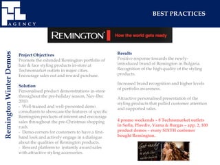 BEST PRACTICES




                                                                            Results
Remington Winter Demos




                         Project Objectives
                         Promote the extended Remington portfolio of        Positive response towards the newly-
                         hair & face styling products in-store at           introduced brand of Remington in Bulgaria.
                         Technomarket outlets in major cities.              Recognition of the high quality of the styling
                         Encourage sales out and reward purchase.           products.

                                                                            Increased brand recognition and higher levels
                         Solution
                                                                            of portfolio awareness.
                         Personalised product demonstrations in-store
                         throughout the pre-holiday season, Nov-Dec
                                                                            Attractive personalised presentation of the
                         2010:
                                                                            styling products that pulled customer attention
                         - Well-trained and well-presented demo
                                                                            and supported sales.
                         consultants to showcase the features of specific
                         Remington products of interest and encourage
                         sales throughout the pre-Christmas shopping        4 promo weekends – 8 Technomarket outlets
                         rush.                                              in Sofia, Plovdiv, Varna & Burgas – app. 2, 100
                         - Demo corners for customers to have a first-      product demos – every SIXTH customer
                         hand look and actively engage in a dialogue        bought Remington.
                         about the qualities of Remington products.
                         - Reward platform to instantly award sales
                         with attractive styling accessories.
 