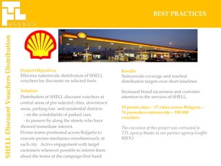 BEST PRACTICES
SHELL Discount Vouchers Distribution




                                       Project Objectives                               Results
                                       Effective nationwide distribution of SHELL       Nationwide coverage and reached
                                       vouchers for discounts on selected fuels.        distribution targets over short timelines.

                                       Solution                                         Increased brand awareness and customer
                                       Distribution of SHELL discount vouchers at       attention to the services of SHELL.
                                       central areas of pre-selected cities, downtown
                                       areas, parking lots and residential districts:   10 promo days – 17 cities across Bulgaria –
                                                                                        76 promoters nationwide – 550 000
                                         - on the windshields of parked cars;
                                                                                        vouchers.
                                         - to passers-by along the streets who have
                                       showed immediate interest.                       The execution of this project was entrusted to
                                       Promo teams positioned across Bulgaria to        TTL agency thanks to our partner agency Graffiti
                                       execute promo mechanics simultaneously at        BBDO.
                                       each city. Active engagement with target
                                       customers wherever possible to inform them
                                       about the terms of the campaign first hand.
 